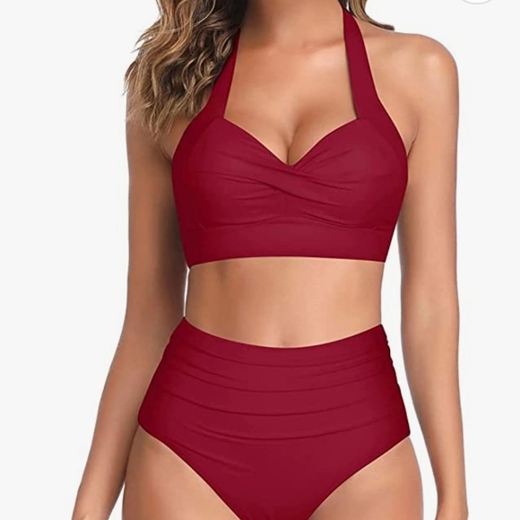Two Piece Vintage Swimsuit Retro Halter Ruched High Waist Bikini with Bottom - Picture 6 of 11